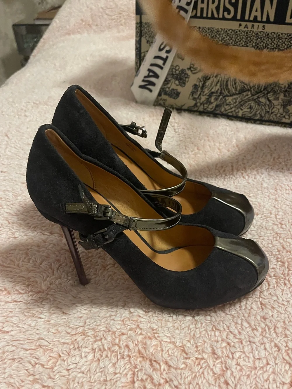 L.A.M.B. Peggy Oil slick and suede high heels platform iridescent